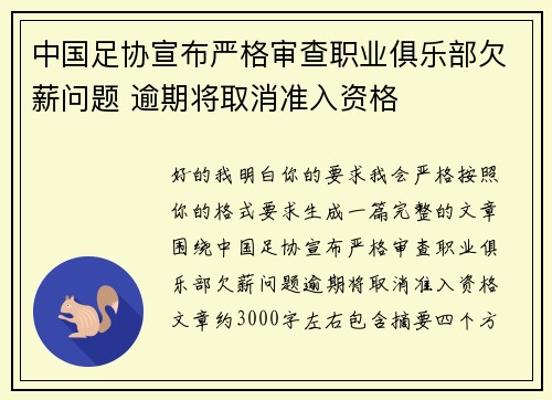 中国足协宣布严格审查职业俱乐部欠薪问题 逾期将取消准入资格