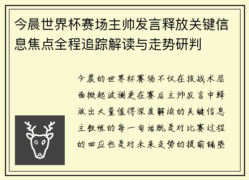 今晨世界杯赛场主帅发言释放关键信息焦点全程追踪解读与走势研判