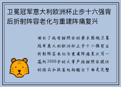 卫冕冠军意大利欧洲杯止步十六强背后折射阵容老化与重建阵痛复兴 卫冕冠军意大利欧洲杯止步十六强背后折射阵容老化与重建阵痛复兴