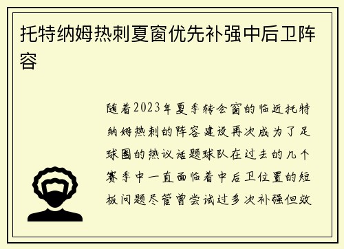 托特纳姆热刺夏窗优先补强中后卫阵容 托特纳姆热刺夏窗优先补强中后卫阵容