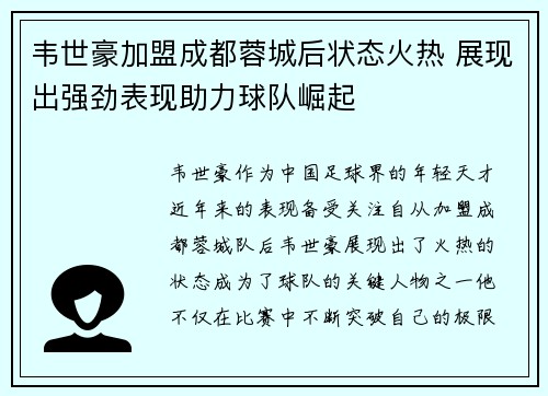 韦世豪加盟成都蓉城后状态火热 展现出强劲表现助力球队崛起