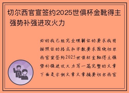切尔西官宣签约2025世俱杯金靴得主 强势补强进攻火力 切尔西官宣签约2025世俱杯金靴得主 强势补强进攻火力